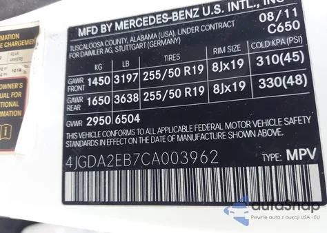 2012 Mercedes-Benz Ml 350 Bluetec 4Matic из США, поврежденный, VIN 4JGDA2EB7CA003962